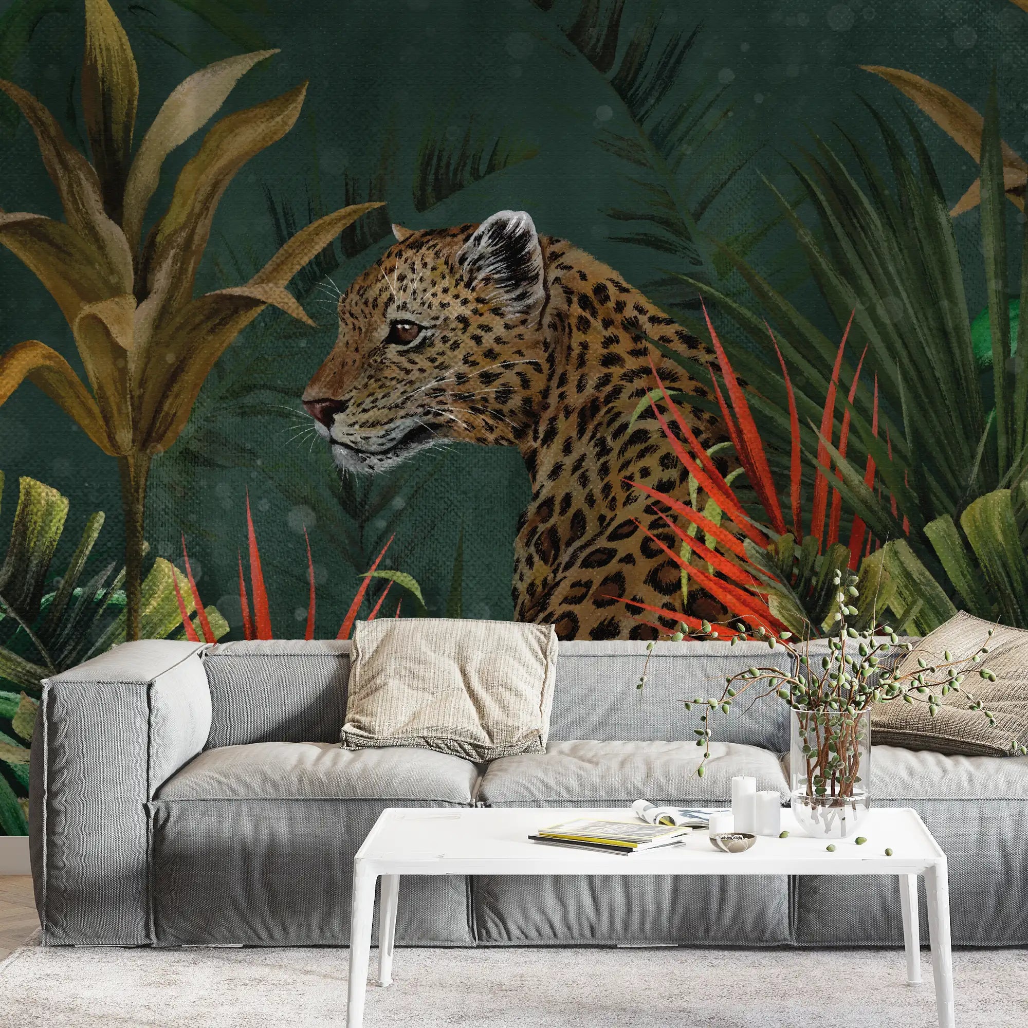 3177 / Wild Leopard in Rainforest - Peelable Stickable Wallpaper, Botanical Wallpaper, Wallpaper for Bathroom, Tropical Jungle Mural - Artevella