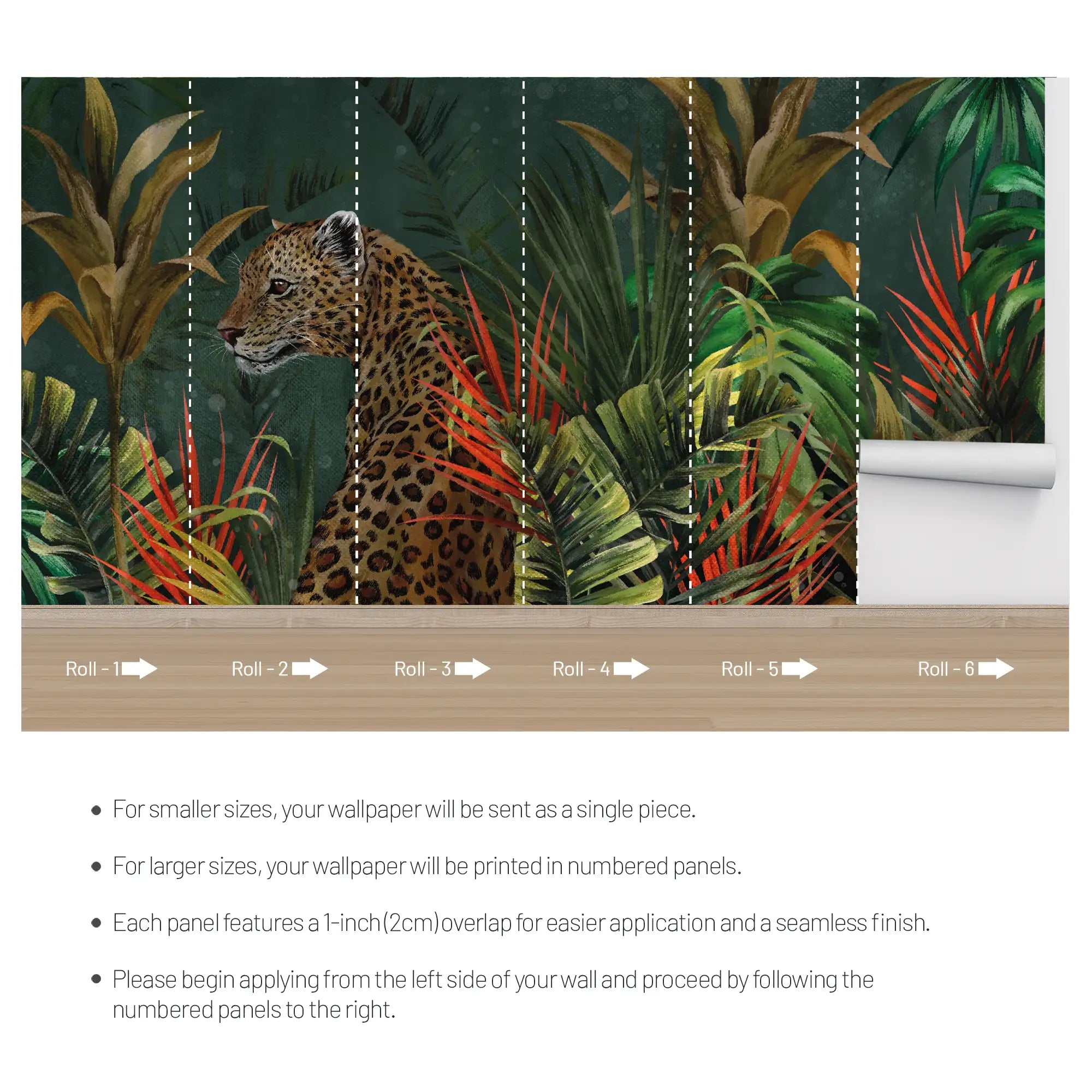 3177 / Wild Leopard in Rainforest - Peelable Stickable Wallpaper, Botanical Wallpaper, Wallpaper for Bathroom, Tropical Jungle Mural - Artevella