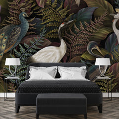 3178 / Tropical Garden Wallpaper - Peel and Stick Mural with Birds and Ferns, Modern Botanical Decor for Living Room and Bedroom - Artevella