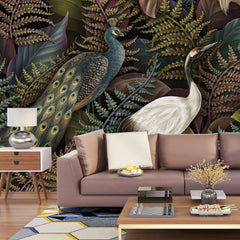 3178 / Tropical Garden Wallpaper - Peel and Stick Mural with Birds and Ferns, Modern Botanical Decor for Living Room and Bedroom - Artevella