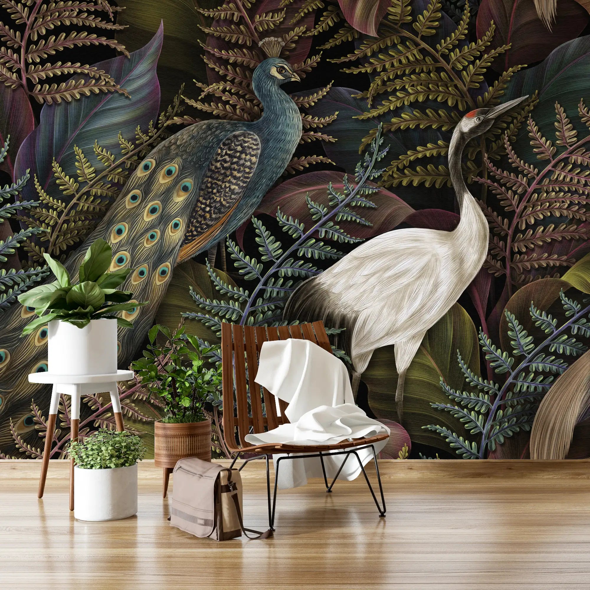 3178 / Tropical Garden Wallpaper - Peel and Stick Mural with Birds and Ferns, Modern Botanical Decor for Living Room and Bedroom - Artevella