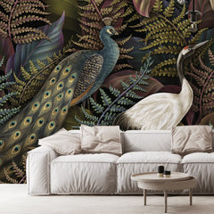 3178 / Tropical Garden Wallpaper - Peel and Stick Mural with Birds and Ferns, Modern Botanical Decor for Living Room and Bedroom - Artevella