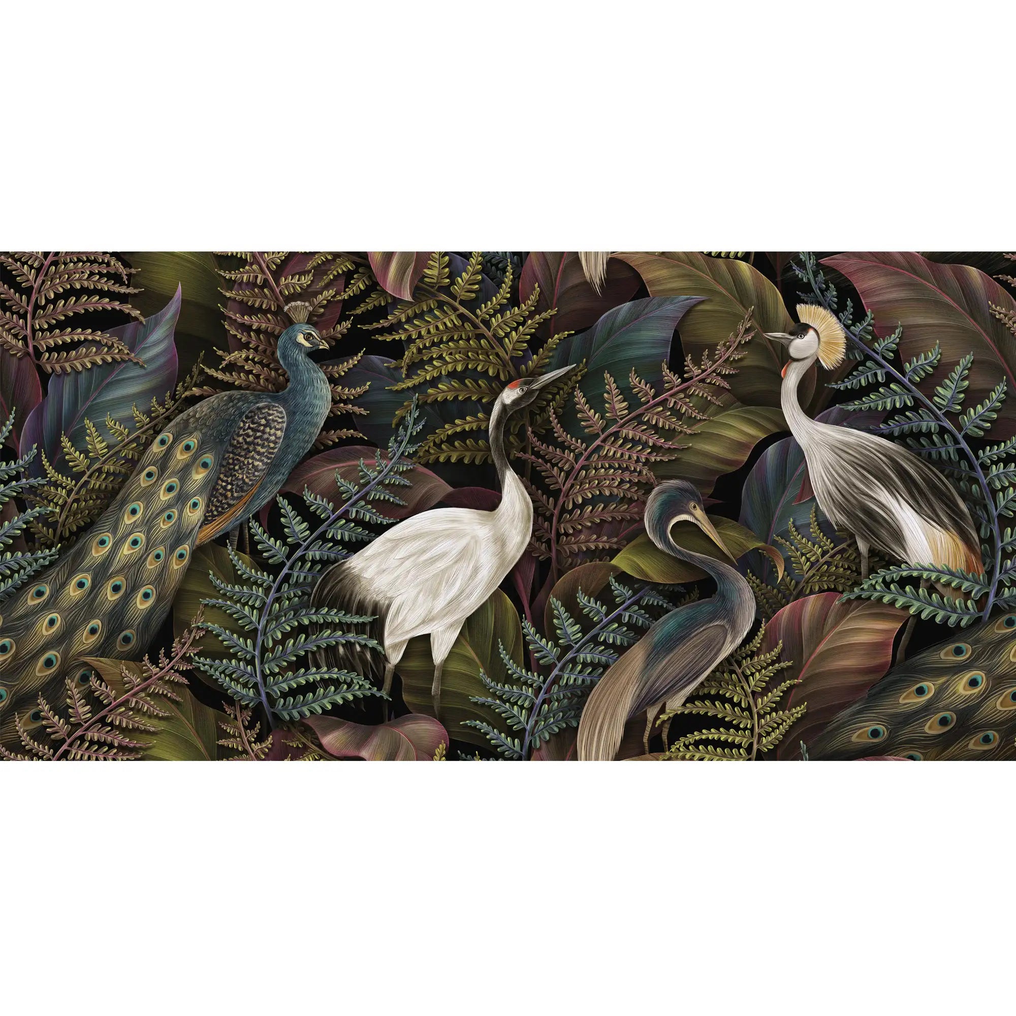 3178 / Tropical Garden Wallpaper - Peel and Stick Mural with Birds and Ferns, Modern Botanical Decor for Living Room and Bedroom - Artevella