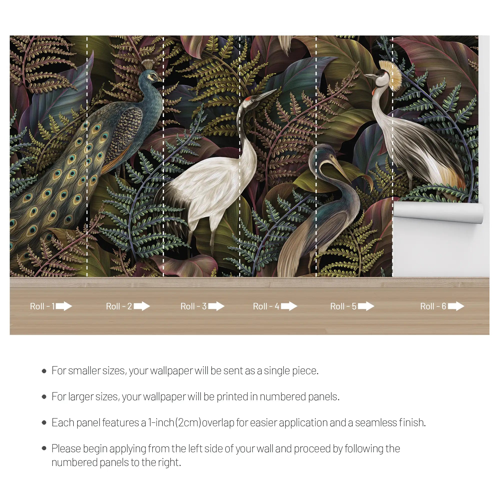 3178 / Tropical Garden Wallpaper - Peel and Stick Mural with Birds and Ferns, Modern Botanical Decor for Living Room and Bedroom - Artevella