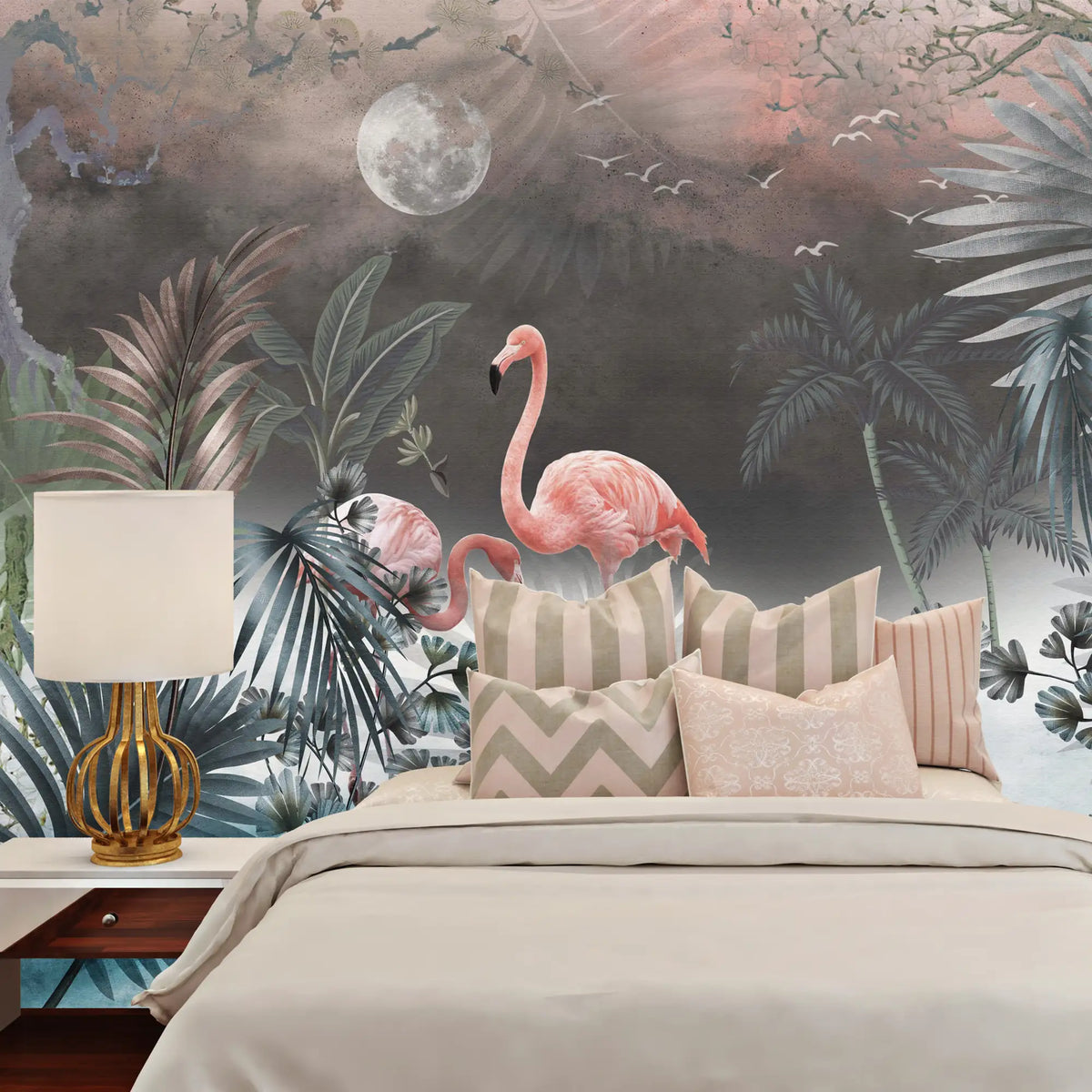 3179 / Pink Flamingo Jungle Wallpaper - Romantic Moonlit Seascape with Palm Trees - Peel and Stick Wall Murals - Boho Decor - Artevella