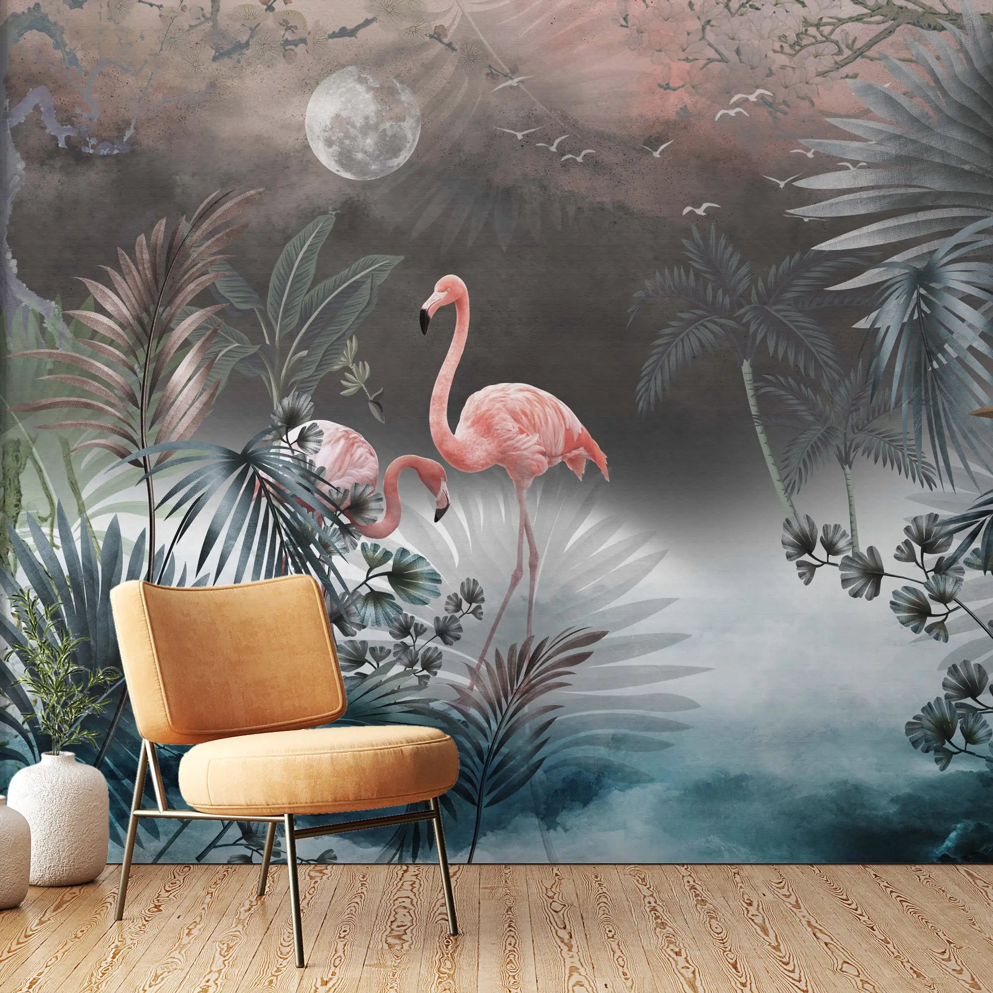 3179 / Pink Flamingo Jungle Wallpaper - Romantic Moonlit Seascape with Palm Trees - Peel and Stick Wall Murals - Boho Decor - Artevella