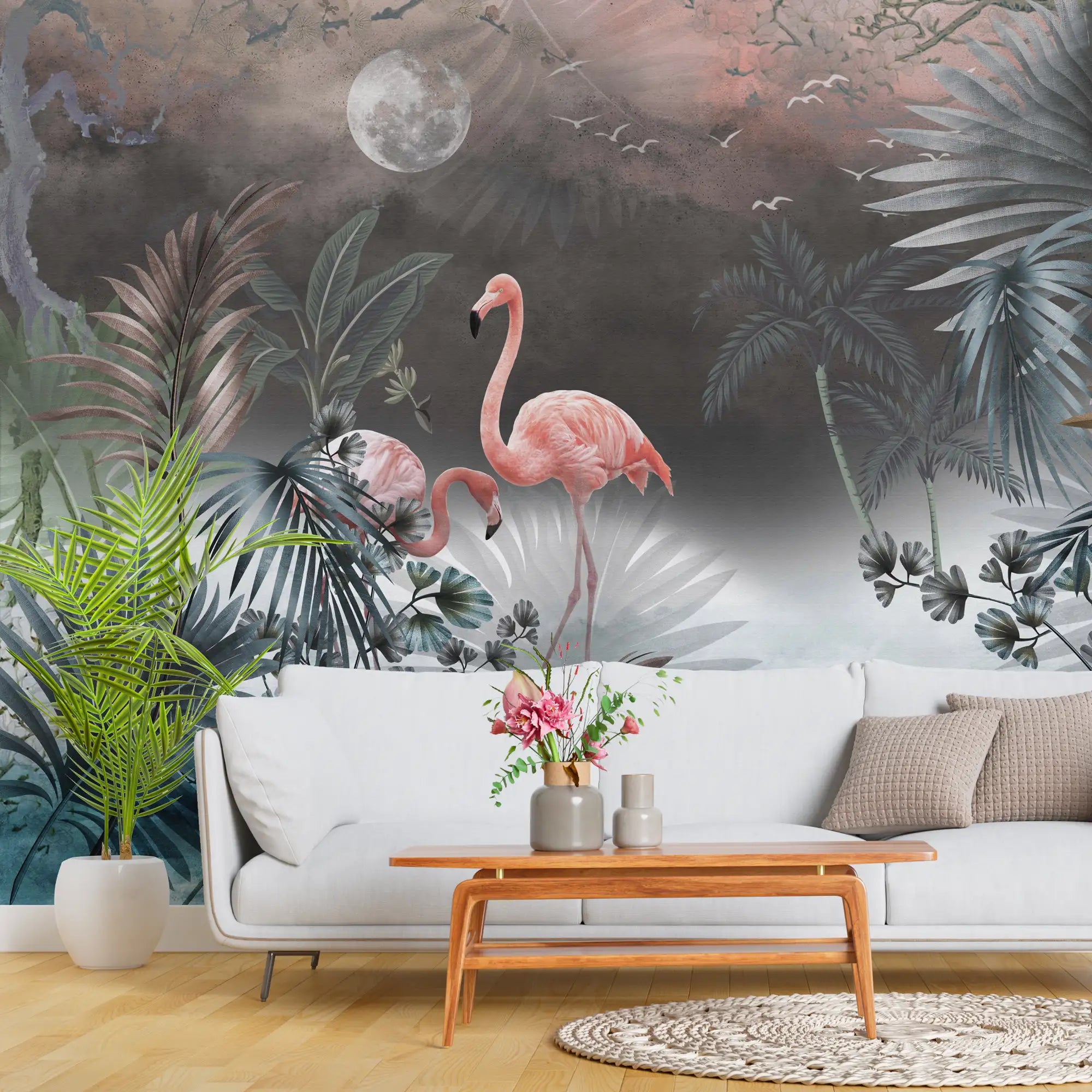 3179 / Pink Flamingo Jungle Wallpaper - Romantic Moonlit Seascape with Palm Trees - Peel and Stick Wall Murals - Boho Decor - Artevella