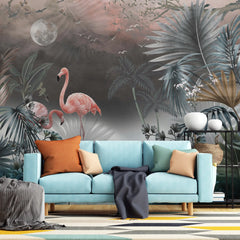 3179 / Pink Flamingo Jungle Wallpaper - Romantic Moonlit Seascape with Palm Trees - Peel and Stick Wall Murals - Boho Decor - Artevella