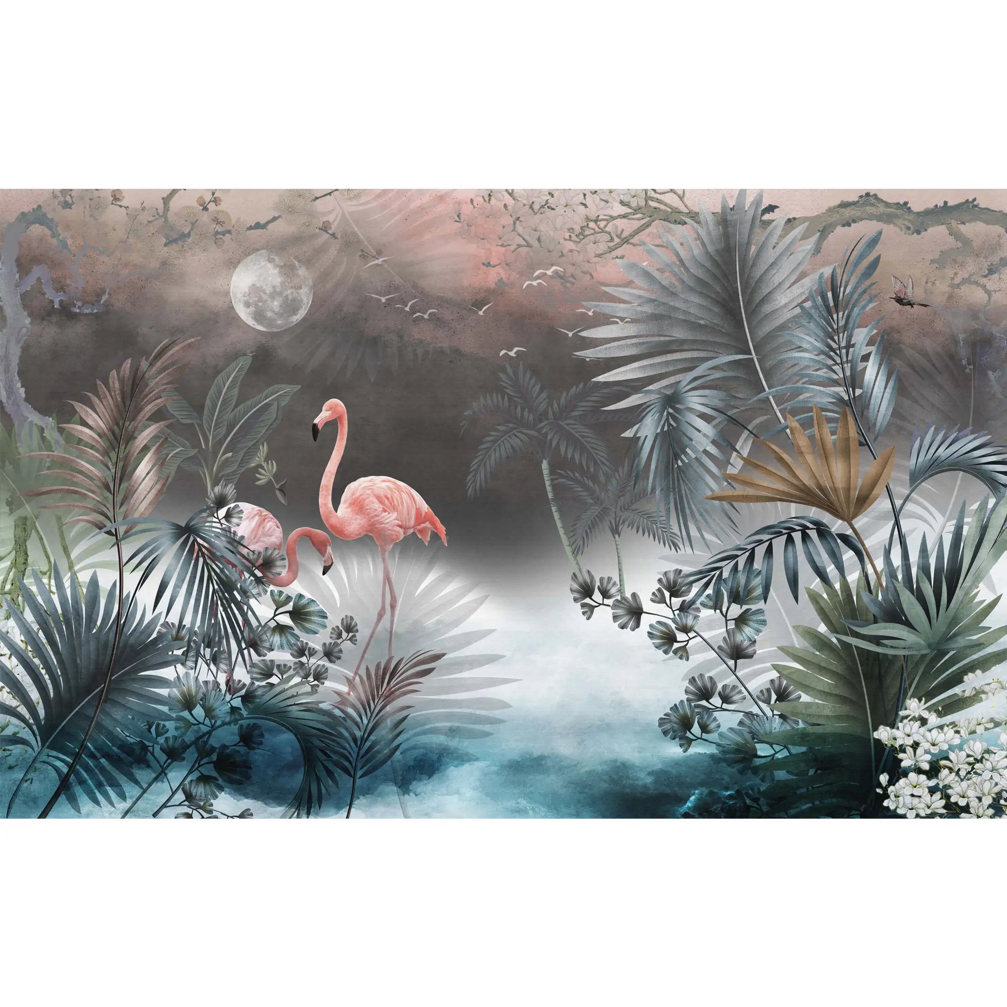 3179 / Pink Flamingo Jungle Wallpaper - Romantic Moonlit Seascape with Palm Trees - Peel and Stick Wall Murals - Boho Decor - Artevella