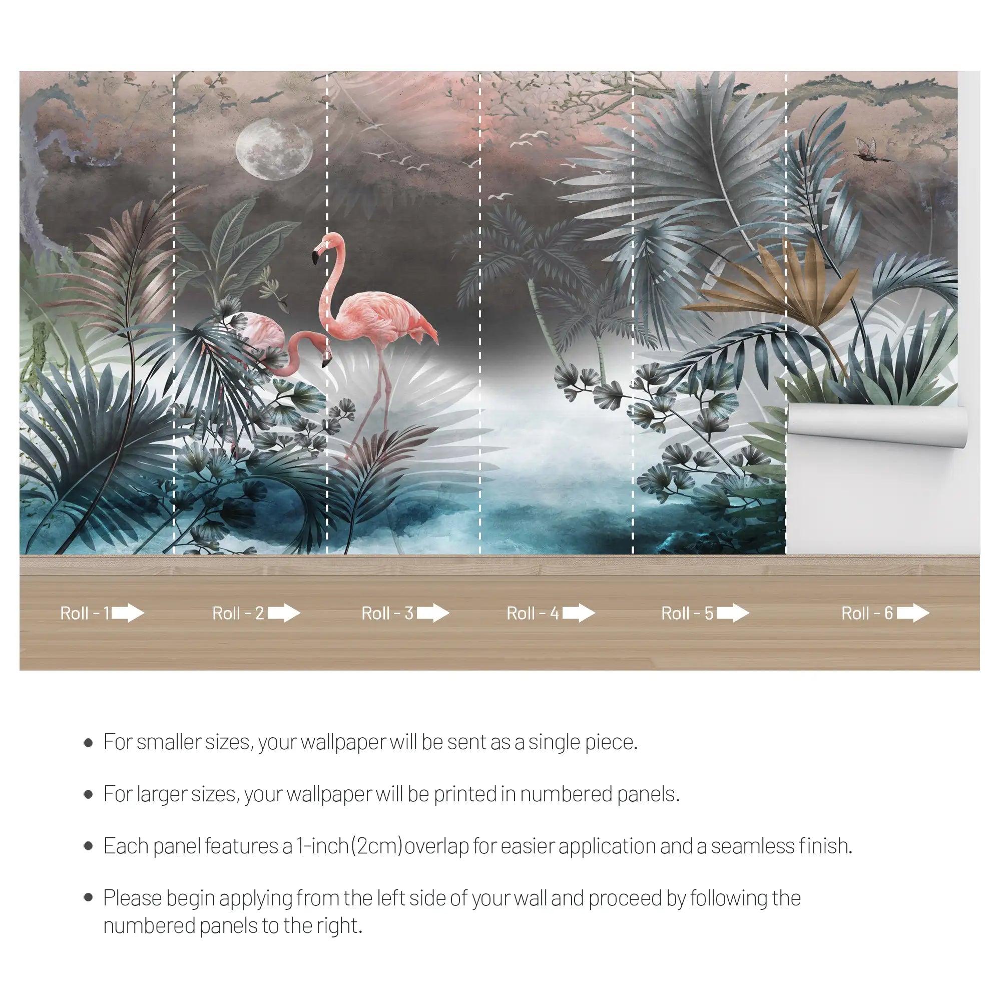 3179 / Pink Flamingo Jungle Wallpaper - Romantic Moonlit Seascape with Palm Trees - Peel and Stick Wall Murals - Boho Decor - Artevella