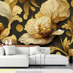 3180 / Gold Leaf Pattern with Green Flowers - Botanical Wallpaper, Nature Wallpaper, Peel and Stick Accent Wall - Artevella