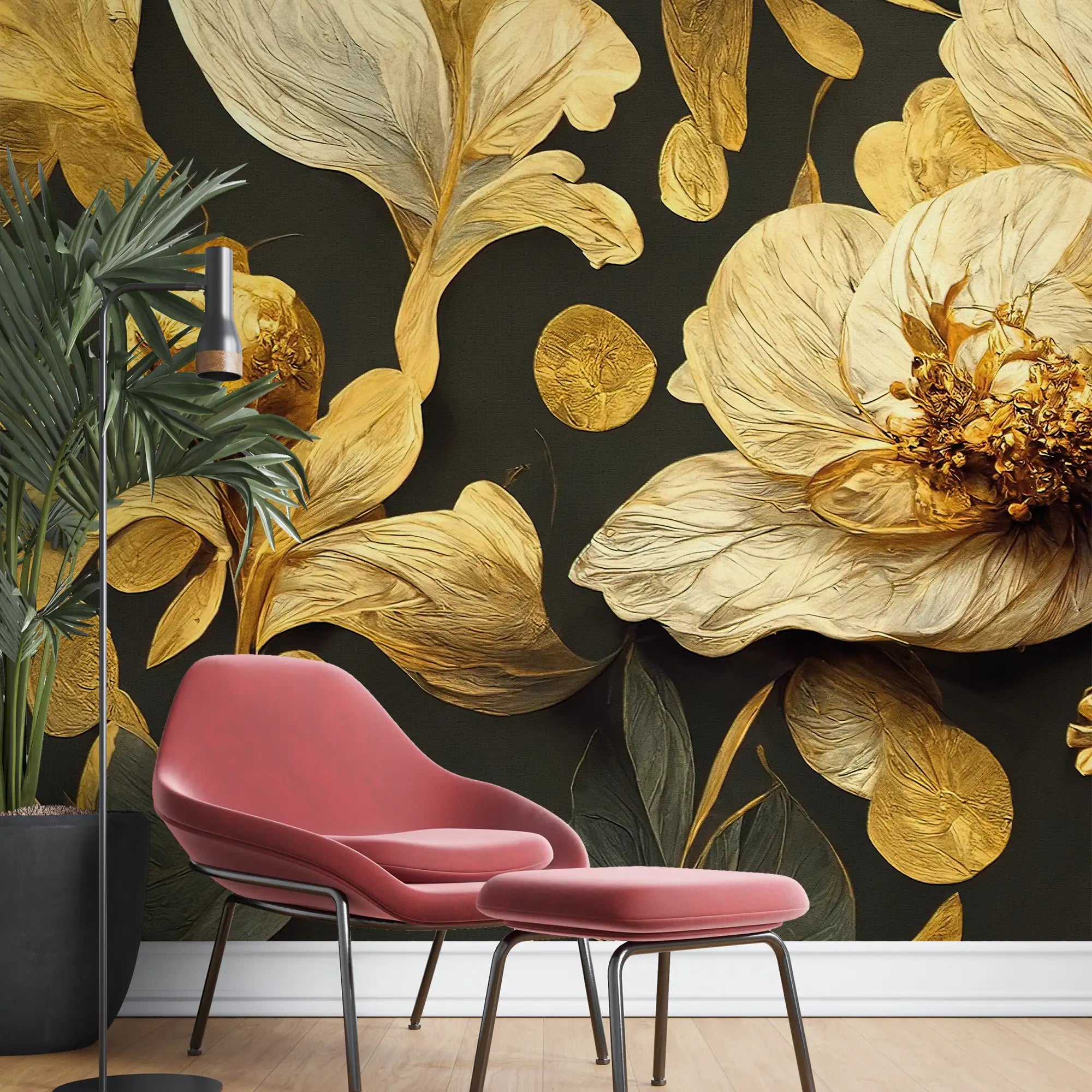 3180 / Gold Leaf Pattern with Green Flowers - Botanical Wallpaper, Nature Wallpaper, Peel and Stick Accent Wall - Artevella