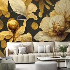 3180 / Gold Leaf Pattern with Green Flowers - Botanical Wallpaper, Nature Wallpaper, Peel and Stick Accent Wall - Artevella