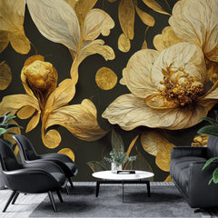 3180 / Gold Leaf Pattern with Green Flowers - Botanical Wallpaper, Nature Wallpaper, Peel and Stick Accent Wall - Artevella