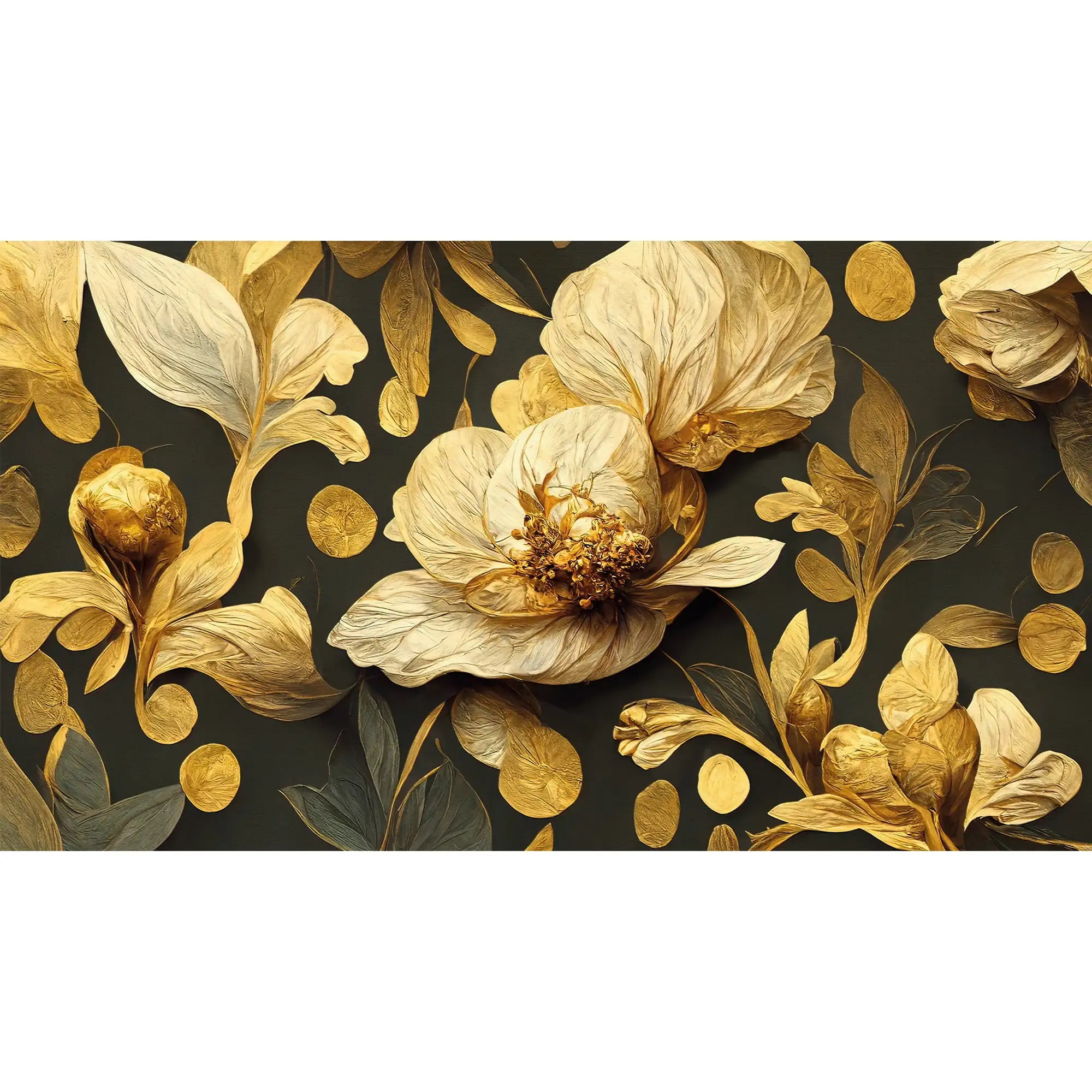 3180 / Gold Leaf Pattern with Green Flowers - Botanical Wallpaper, Nature Wallpaper, Peel and Stick Accent Wall - Artevella