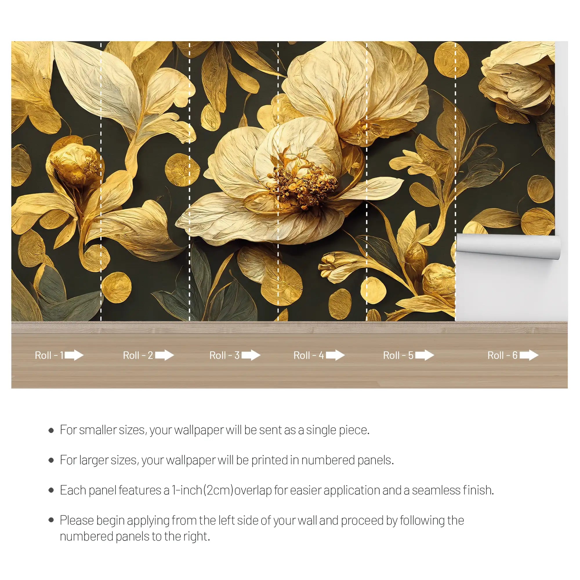 3180 / Gold Leaf Pattern with Green Flowers - Botanical Wallpaper, Nature Wallpaper, Peel and Stick Accent Wall - Artevella