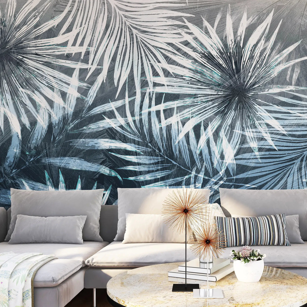 3182 / Tropical Palms Wallpaper, Serene Breeze Wall Mural, Abstract Palm Fronds Art, Whispering Leaves Elegance Wall Decor - Artevella