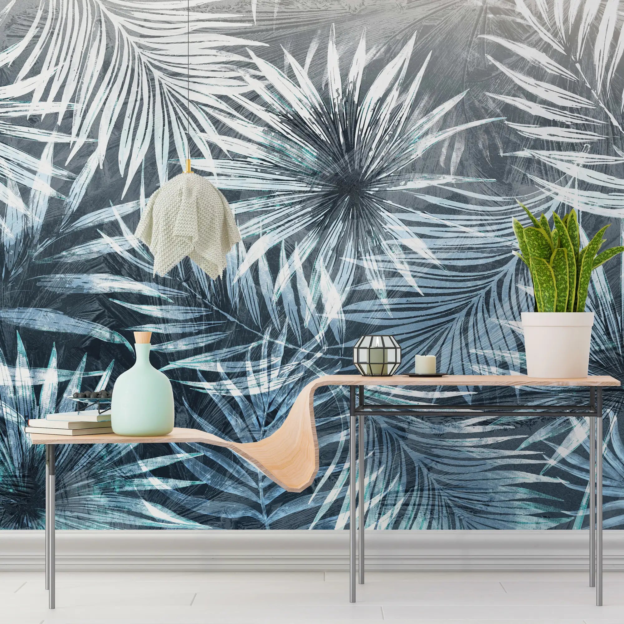 3182 / Tropical Palms Wallpaper, Serene Breeze Wall Mural, Abstract Palm Fronds Art, Whispering Leaves Elegance Wall Decor - Artevella