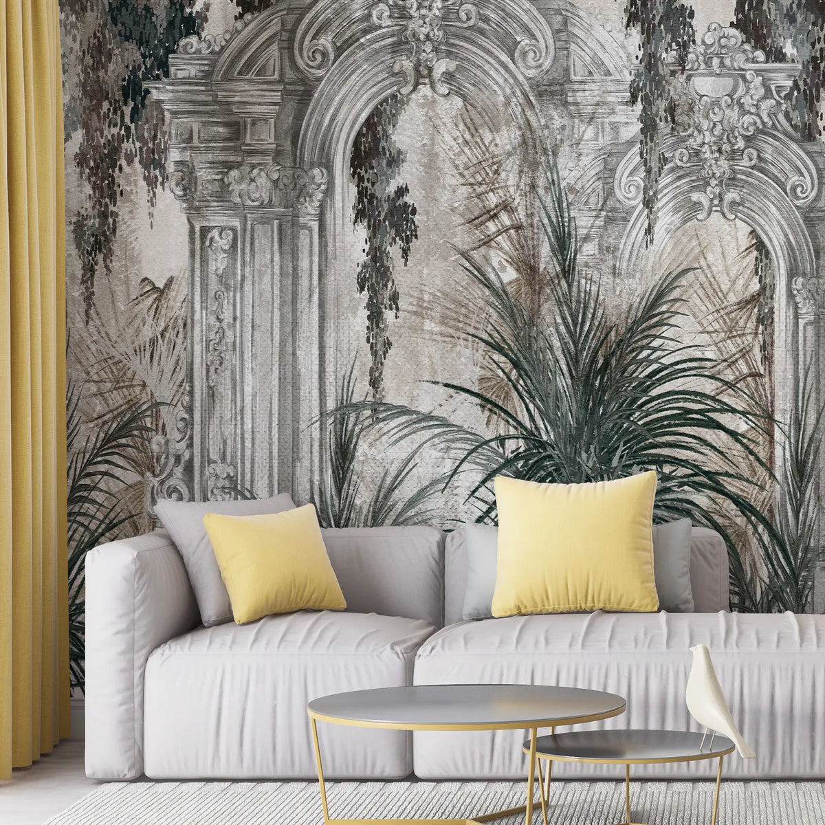 3183 / Modern Archeologia Wallpaper: Ornate Baroque Plant & Door Mural, Palm Tree Design, Dramatic Boho Wall Decor, Room Accent Art - Artevella