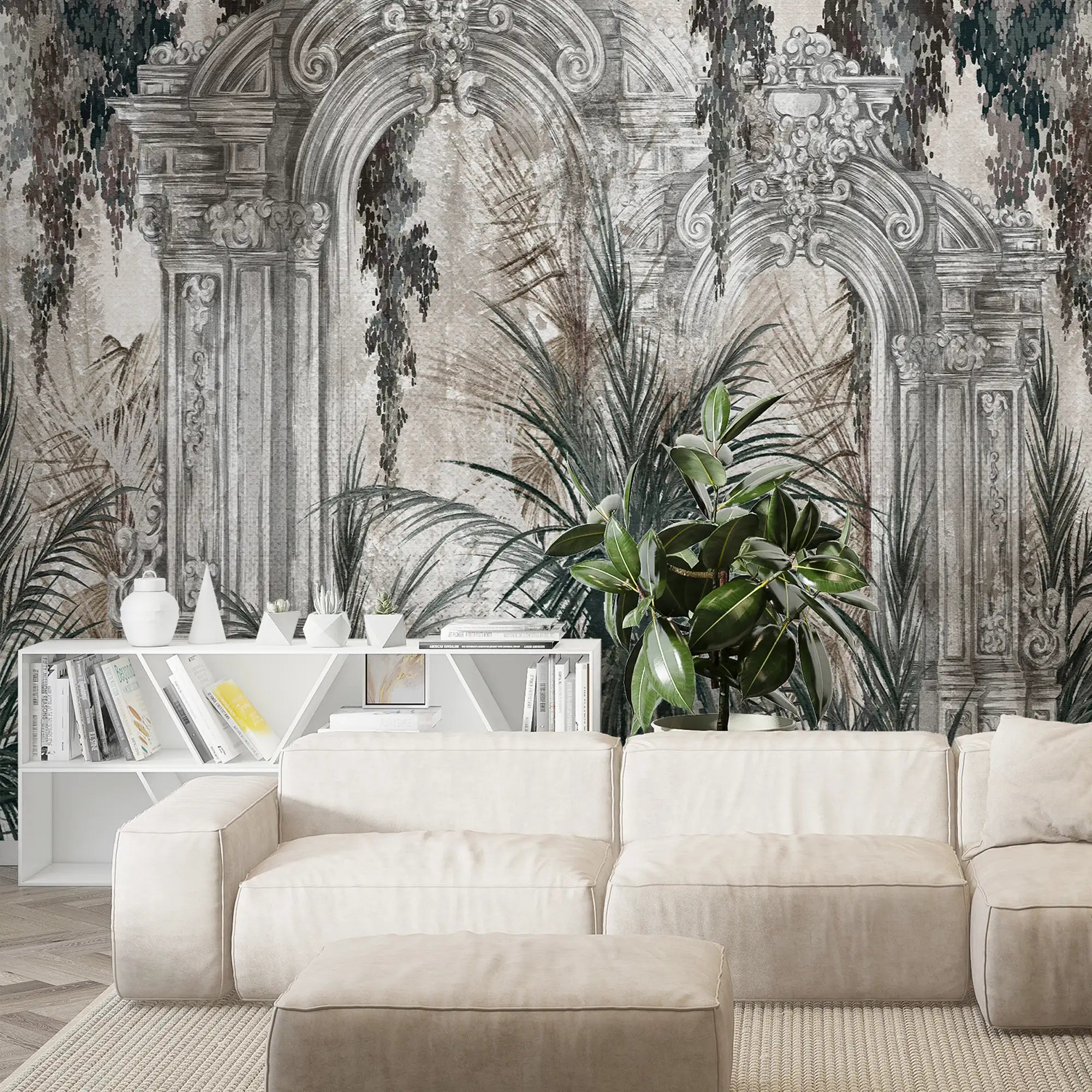 3183 / Modern Archeologia Wallpaper: Ornate Baroque Plant & Door Mural, Palm Tree Design, Dramatic Boho Wall Decor, Room Accent Art - Artevella