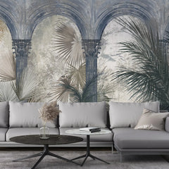 3190 / Peel and Stick Wallpaper in Blue, White, and Muted Palm Leaves for Wall Decor - Perfect for Living Room, Bedroom, and Kitchen - Artevella