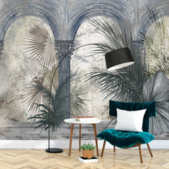 3190 / Peel and Stick Wallpaper in Blue, White, and Muted Palm Leaves for Wall Decor - Perfect for Living Room, Bedroom, and Kitchen - Artevella