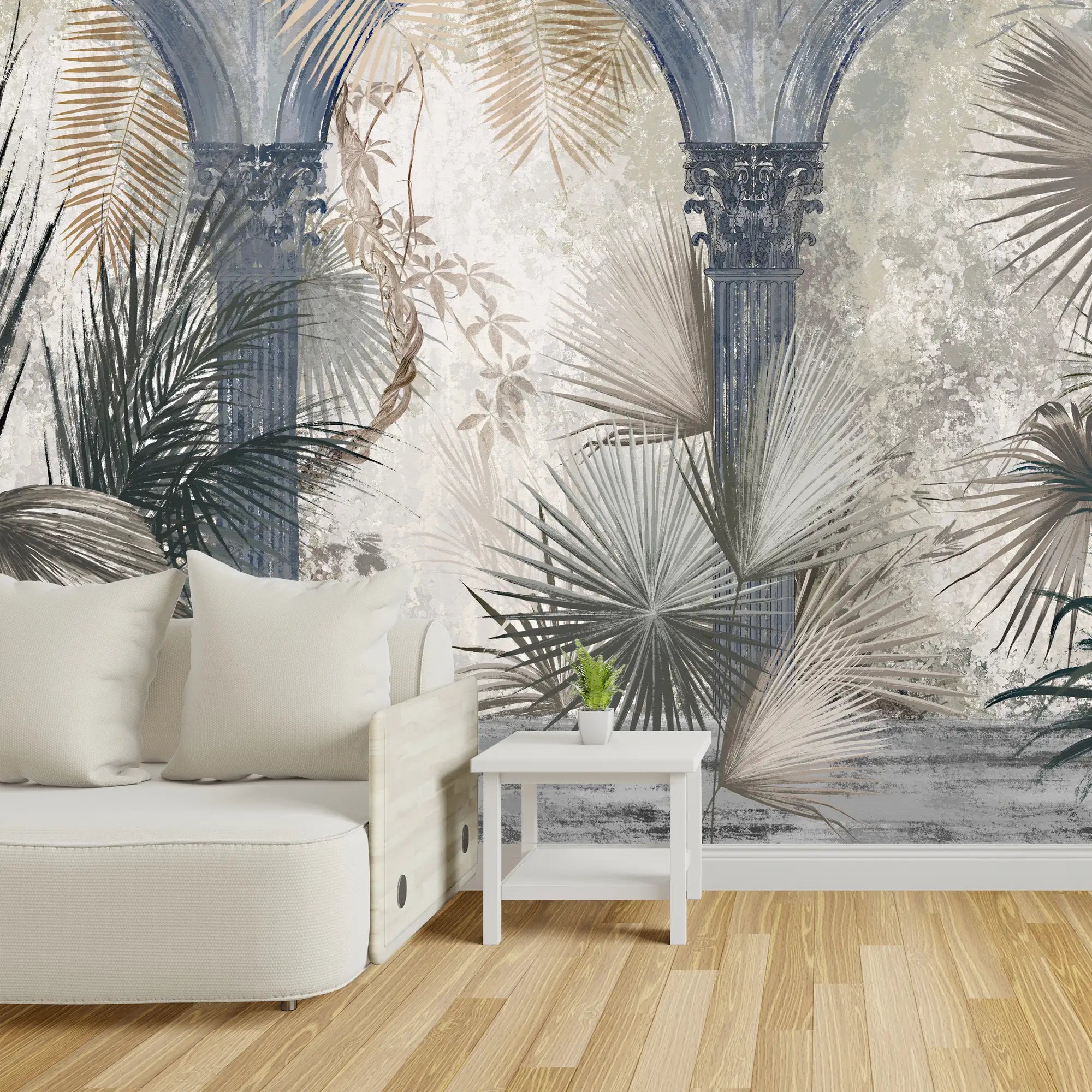 3190 / Peel and Stick Wallpaper in Blue, White, and Muted Palm Leaves for Wall Decor - Perfect for Living Room, Bedroom, and Kitchen - Artevella