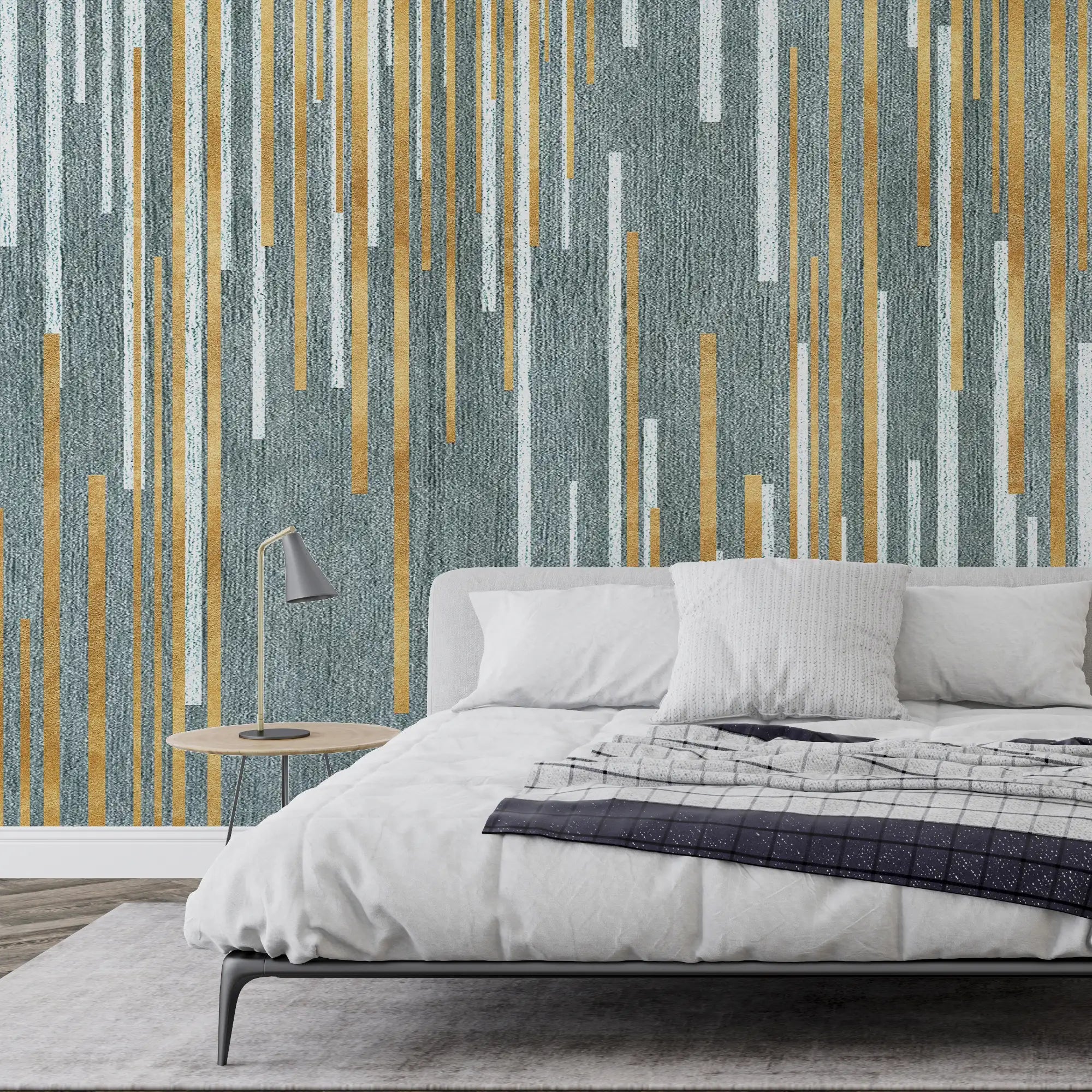 3191 / Grey and Gold Striped Wallpaper, Abstract Art Peel and Stick, Modern Geometric Wall Decor, Adhesive Wallpaper for Bedroom, Bathroom, Kitchen - Artevella