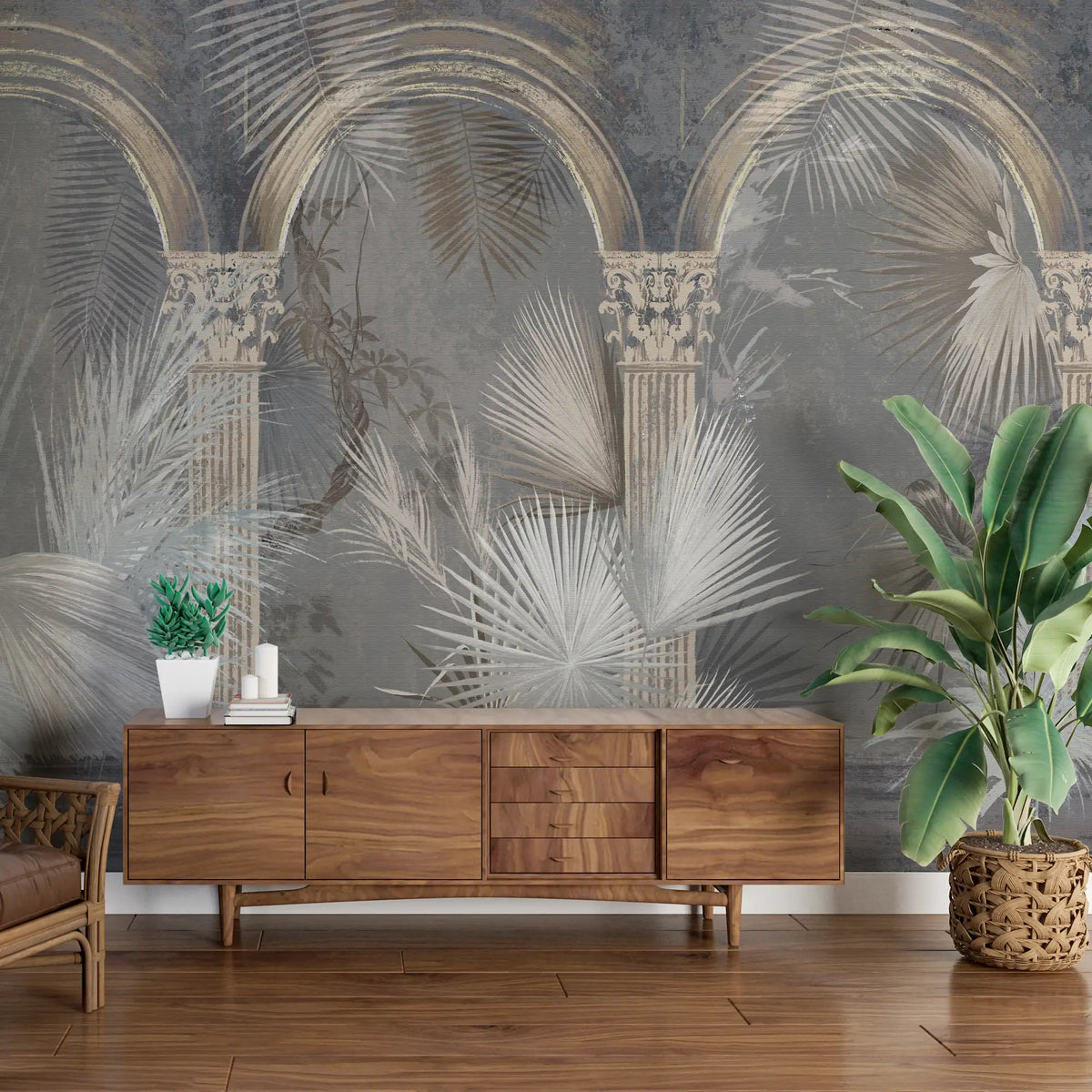 3194 / Wall Murals Peel and Stick - Tropical Palm Tree Design on Light Silver and Dark Gray - Artistic Boho Decor for Walls - Artevella