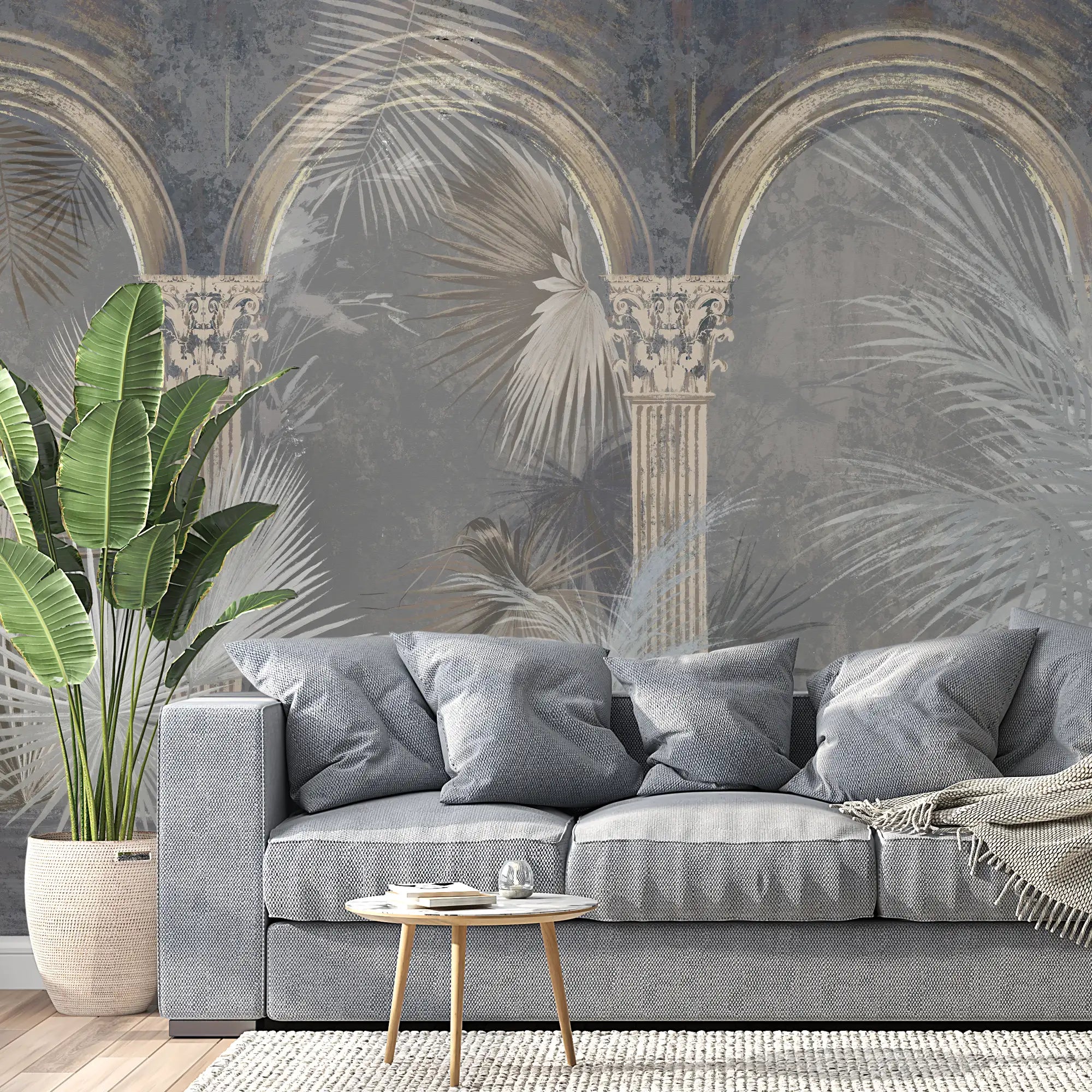 3194 / Wall Murals Peel and Stick - Tropical Palm Tree Design on Light Silver and Dark Gray - Artistic Boho Decor for Walls - Artevella