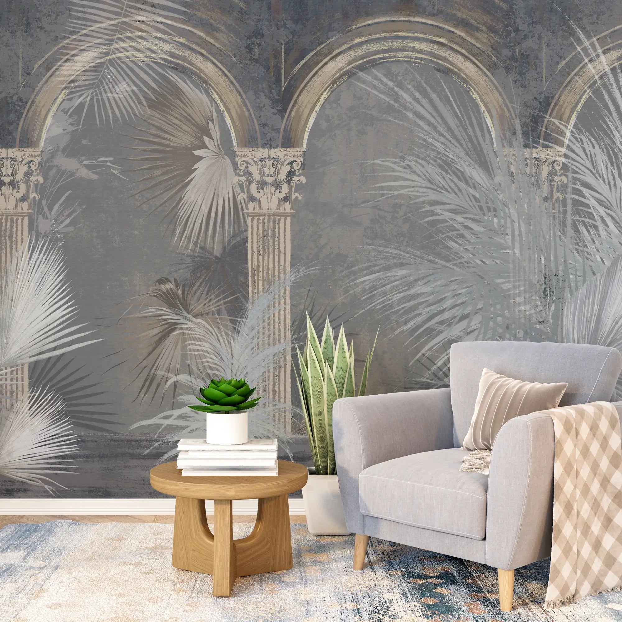 3194 / Wall Murals Peel and Stick - Tropical Palm Tree Design on Light Silver and Dark Gray - Artistic Boho Decor for Walls - Artevella