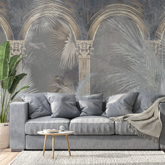 3194 / Wall Murals Peel and Stick - Tropical Palm Tree Design on Light Silver and Dark Gray - Artistic Boho Decor for Walls - Artevella