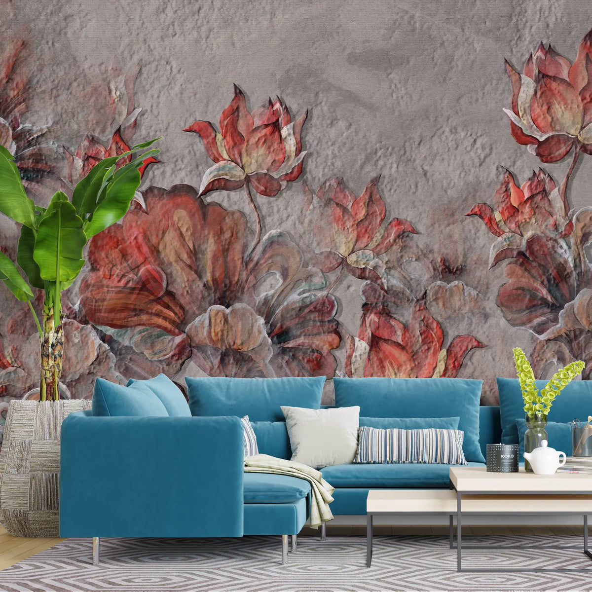 3201 / Abstract Lotus Flower Art in Baroque Watercolor, Peel and Stick Wallpaper for Dramatic Room Ambiance - Artevella