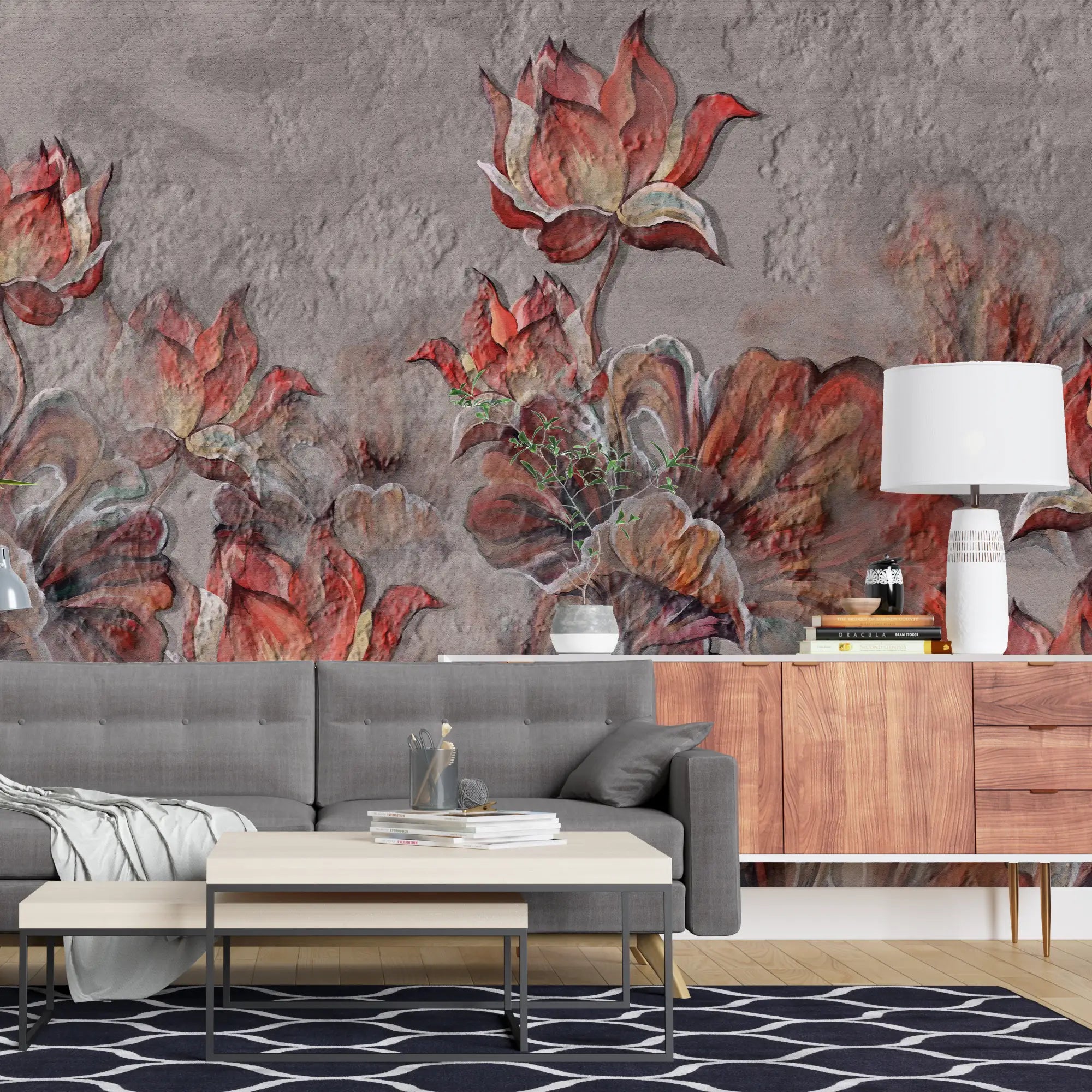 3201 / Abstract Lotus Flower Art in Baroque Watercolor, Peel and Stick Wallpaper for Dramatic Room Ambiance - Artevella