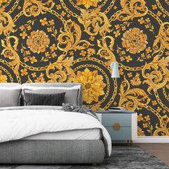 3204 / Peelable Stickable Baroque Wallpaper - Elegant Gold Black Design, Floral Pattern for Accent Wall Mural - Artevella