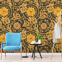 3204 / Peelable Stickable Baroque Wallpaper - Elegant Gold Black Design, Floral Pattern for Accent Wall Mural - Artevella