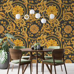 3204 / Peelable Stickable Baroque Wallpaper - Elegant Gold Black Design, Floral Pattern for Accent Wall Mural - Artevella