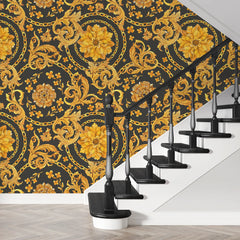 3204 / Peelable Stickable Baroque Wallpaper - Elegant Gold Black Design, Floral Pattern for Accent Wall Mural - Artevella