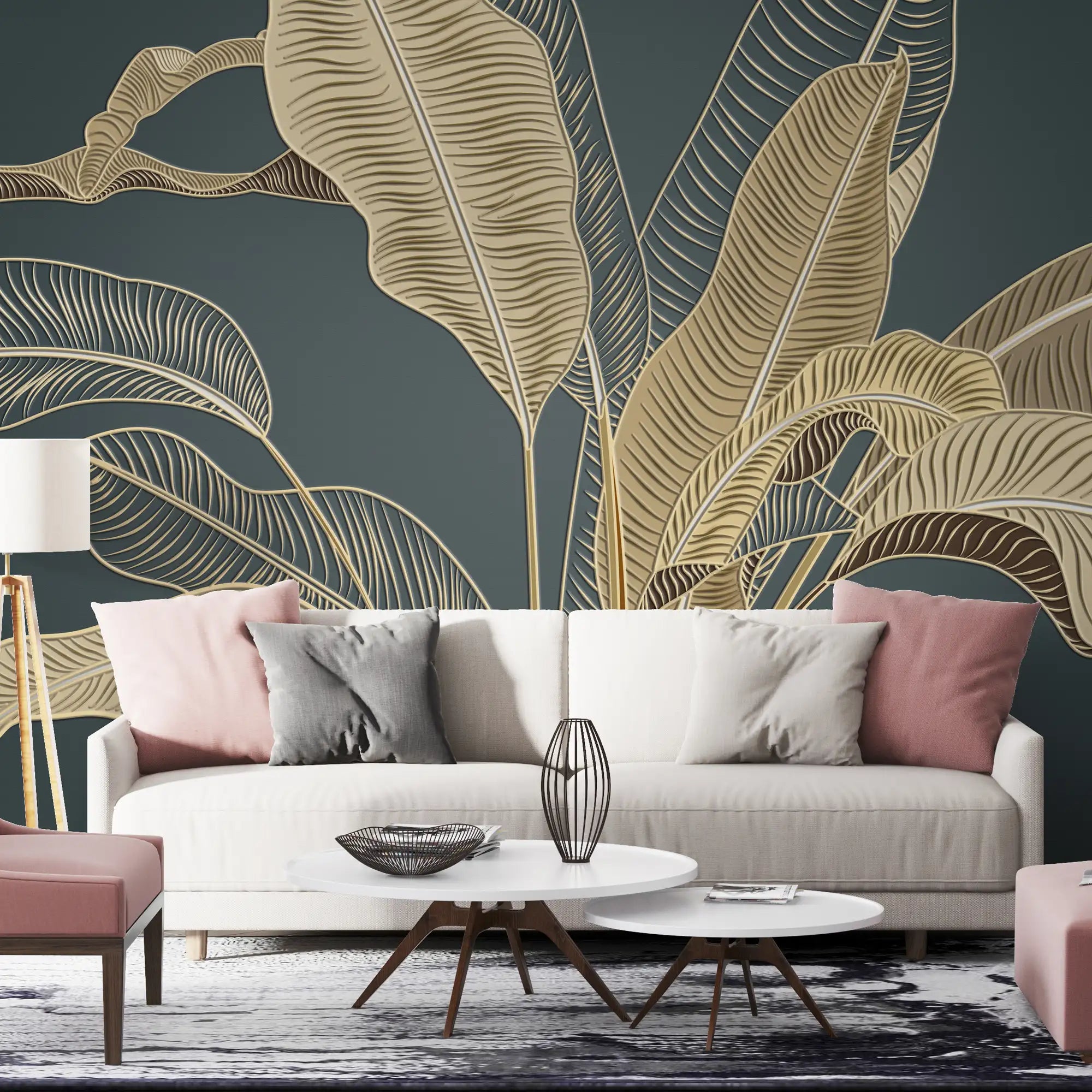 3205 / Contemporary Gold Black Leaf Wallpaper - Tropical Nature Inspired Peel Stick Wall Decor Mural - Artevella