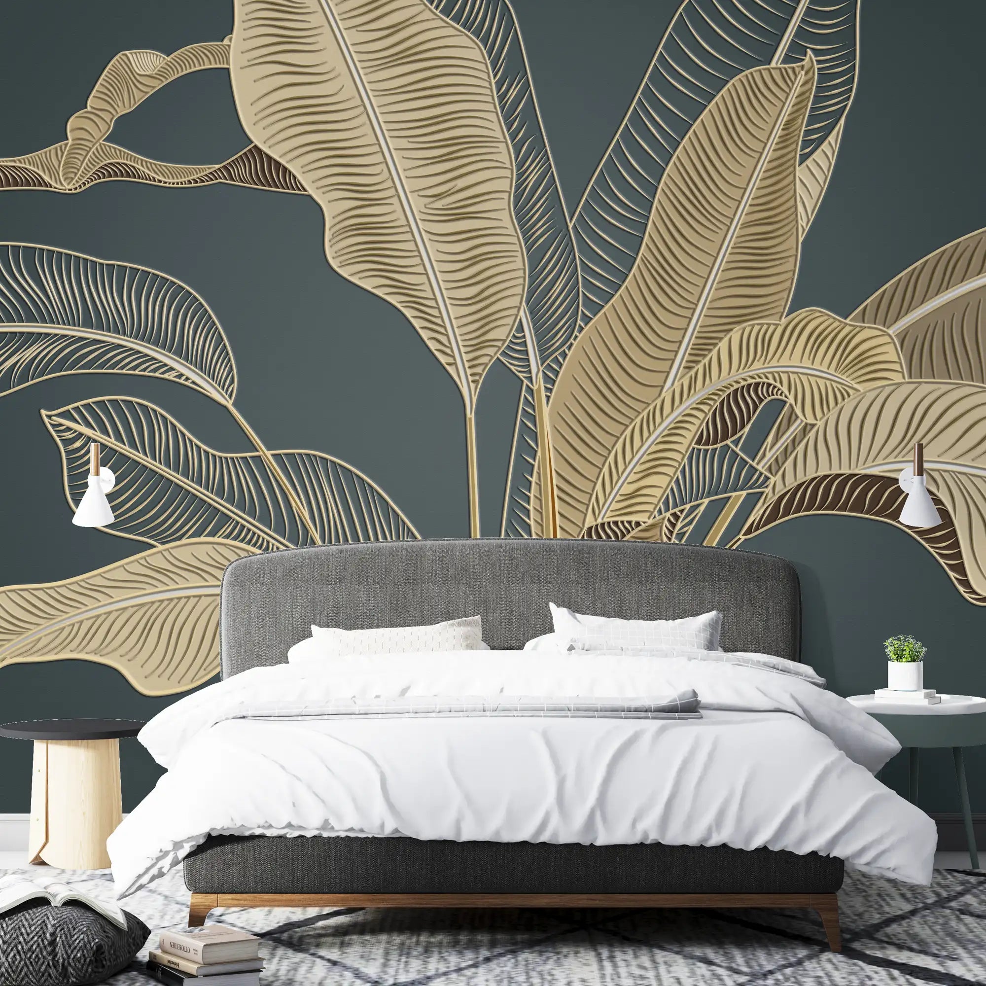 3205 / Contemporary Gold Black Leaf Wallpaper - Tropical Nature Inspired Peel Stick Wall Decor Mural - Artevella