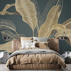 3205 / Contemporary Gold Black Leaf Wallpaper - Tropical Nature Inspired Peel Stick Wall Decor Mural - Artevella