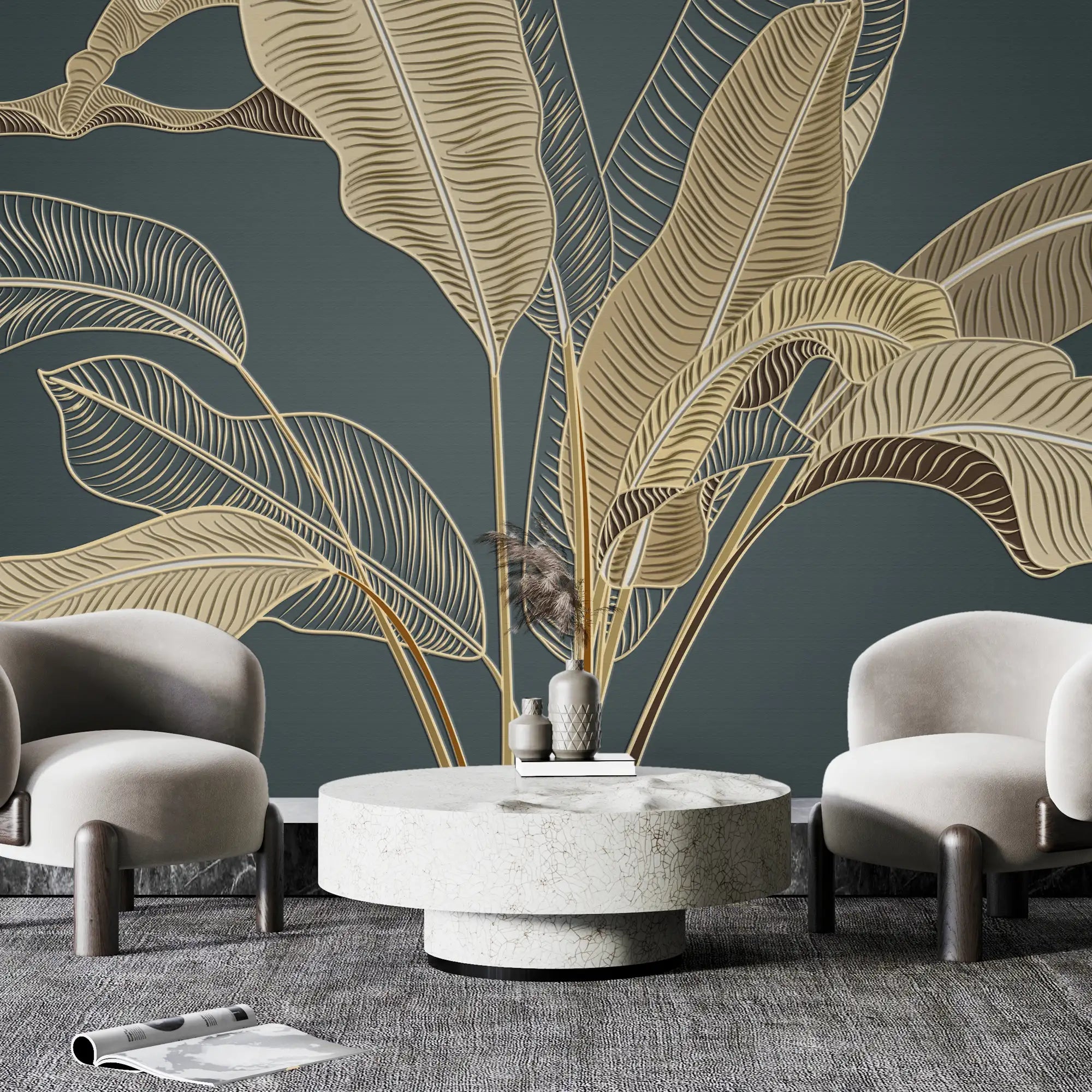 3205 / Contemporary Gold Black Leaf Wallpaper - Tropical Nature Inspired Peel Stick Wall Decor Mural - Artevella