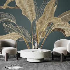 3205 / Contemporary Gold Black Leaf Wallpaper - Tropical Nature Inspired Peel Stick Wall Decor Mural - Artevella