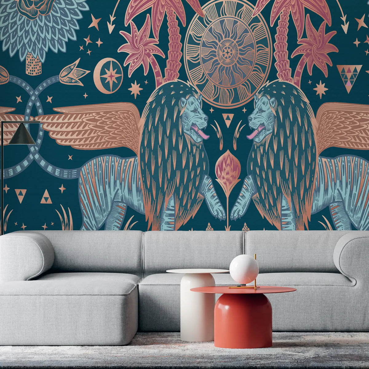 3206 / Modern Wallpaper with Cosmic Symbolism | Blue Lions, Pink Unicorns, and Nature Fantastic Mystical Room Experience - Artevella