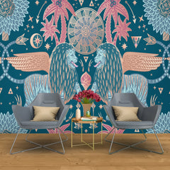 3206 / Modern Wallpaper with Cosmic Symbolism | Blue Lions, Pink Unicorns, and Nature Fantastic Mystical Room Experience - Artevella