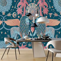 3206 / Modern Wallpaper with Cosmic Symbolism | Blue Lions, Pink Unicorns, and Nature Fantastic Mystical Room Experience - Artevella