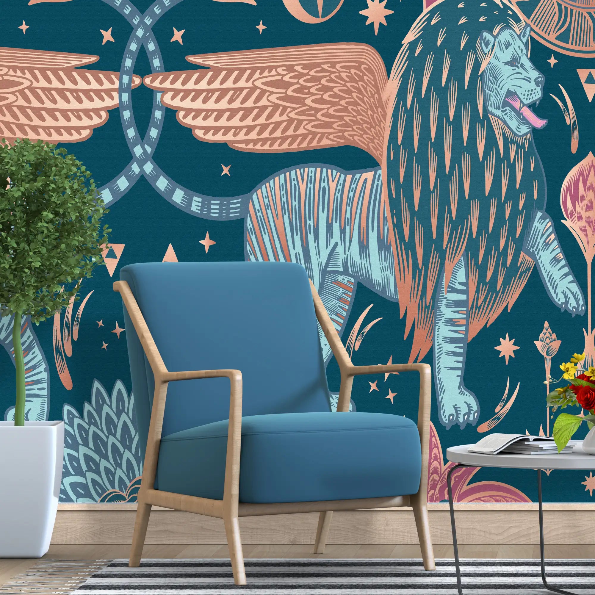 3206 / Modern Wallpaper with Cosmic Symbolism | Blue Lions, Pink Unicorns, and Nature Fantastic Mystical Room Experience - Artevella