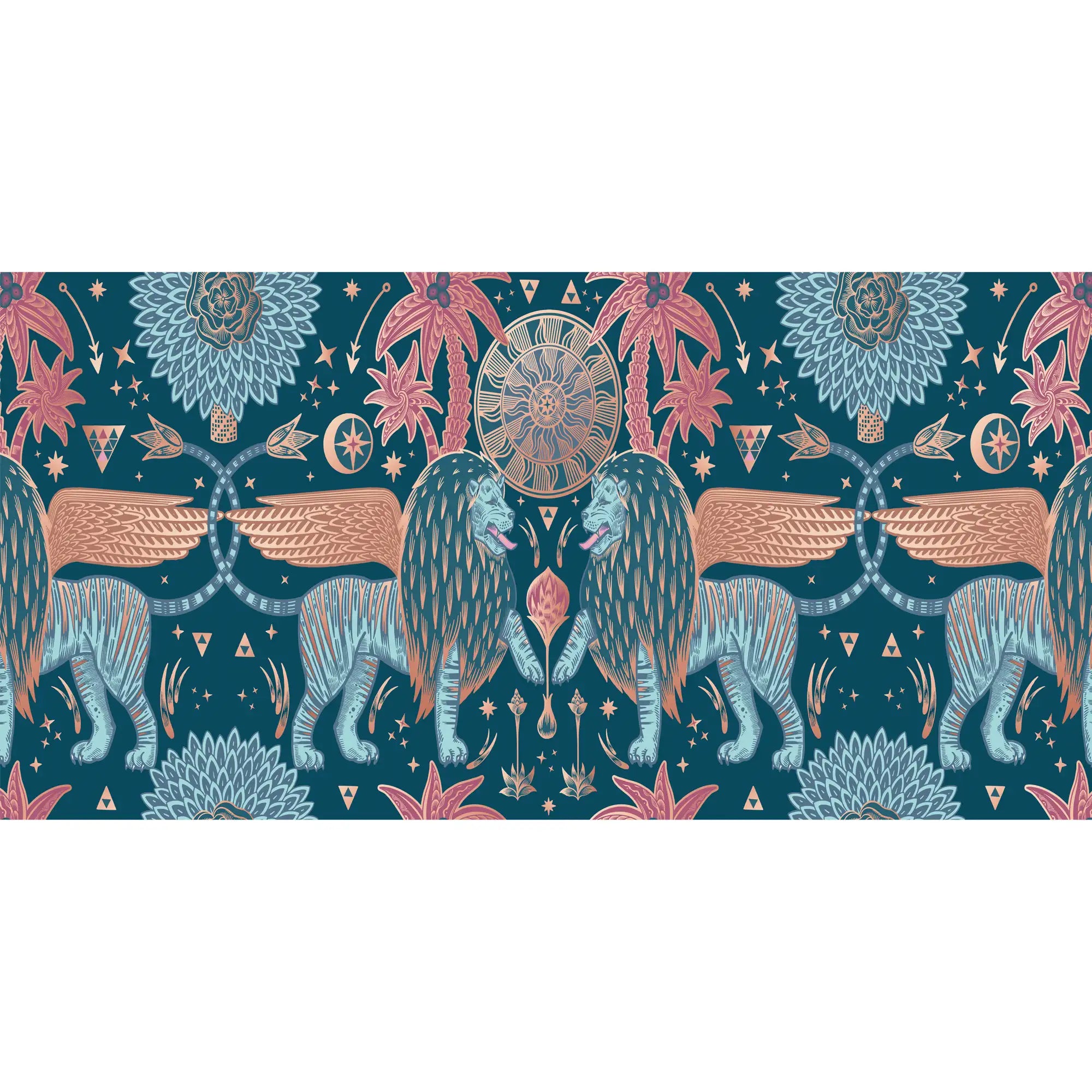 3206 / Modern Wallpaper with Cosmic Symbolism | Blue Lions, Pink Unicorns, and Nature Fantastic Mystical Room Experience - Artevella