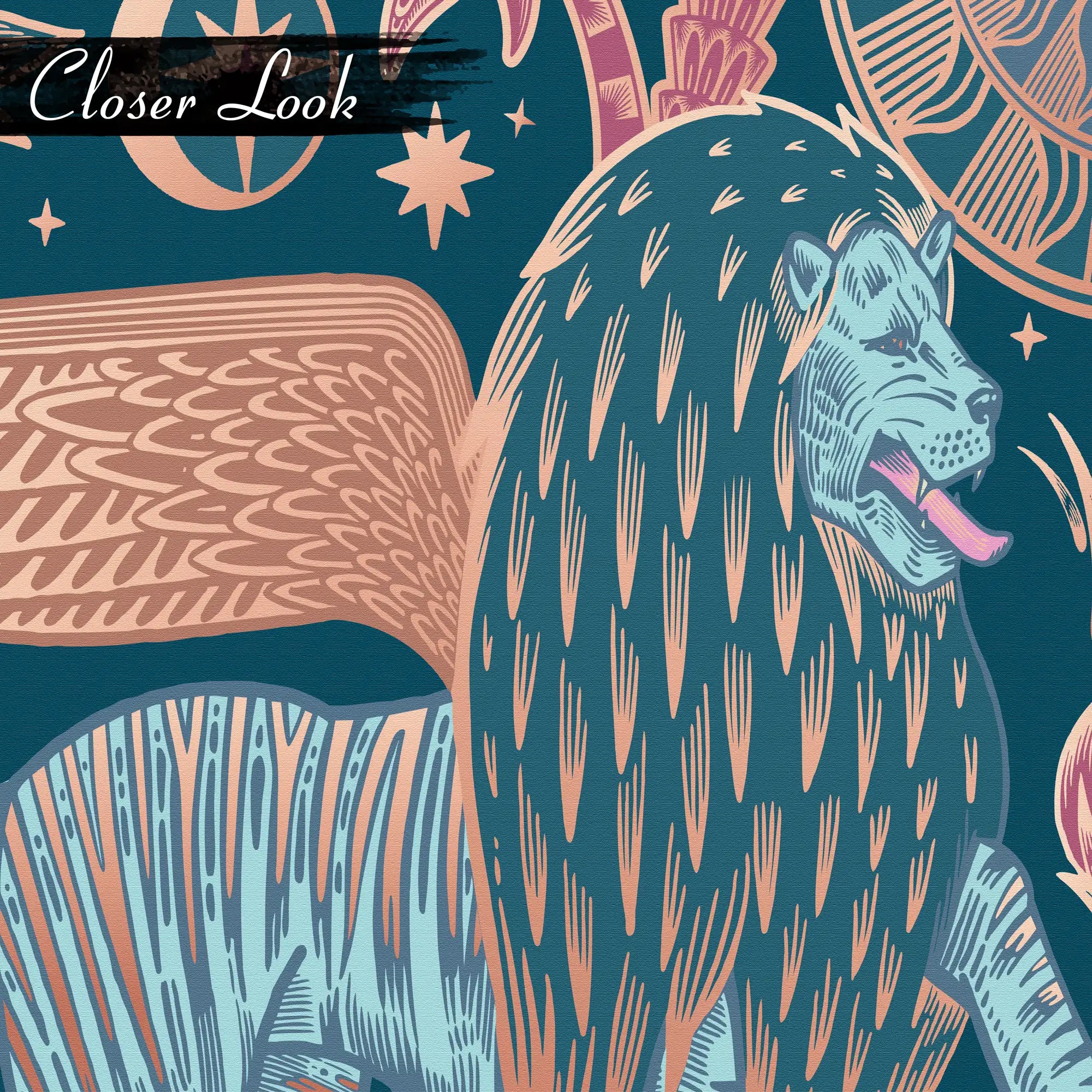 3206 / Modern Wallpaper with Cosmic Symbolism | Blue Lions, Pink Unicorns, and Nature Fantastic Mystical Room Experience - Artevella