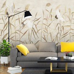 3211 / Modern Asian Art Removable Wallpaper | Nature Scene with Birds & Grass | Easy to Apply Wall Mural for Home - Artevella